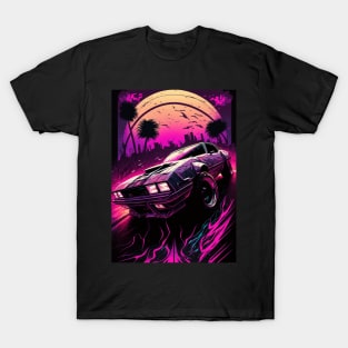 80s Car In Pursuit In Front Of A City And Synthwave Sun T-Shirt